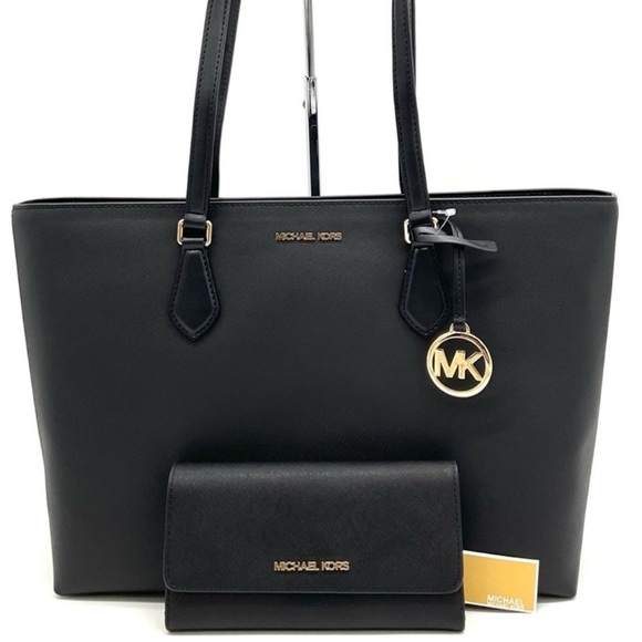 Michael Kors Bag Large Sheila Mf Tote Bag & Large Trifold Wallet Black/Gold - Picture 1 of 14